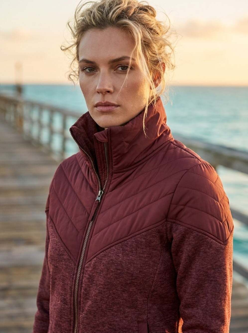 Cruel Women's Quilted Knit Full-Zip Jacket Maroon